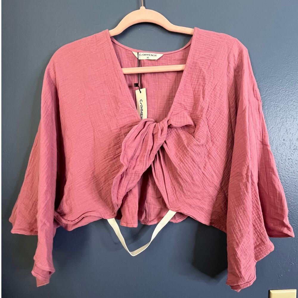 COMMENSE Twist Front Gauze Crop Top Dusty Pink Wide Bell Short Sleeves XS NWT
